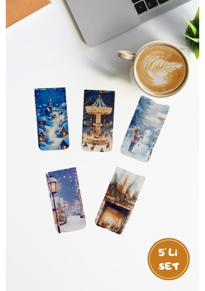 Kış Kar Orman Doğa Carousel Mıknatıslı Kitap Ayracı Magnetic Bookmark / 5 Li Set- Yılbaşı Karne Hediyesi