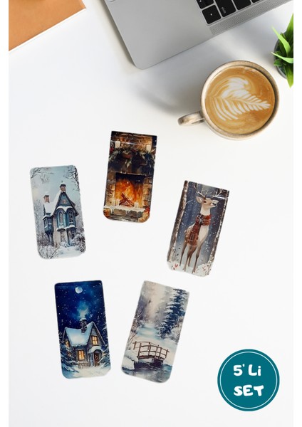 Kış Kar Orman Doğa Şömine Mıknatıslı Kitap Ayracı Magnetic Bookmark / 5 Li Set- Yılbaşı Karne Hediyesi