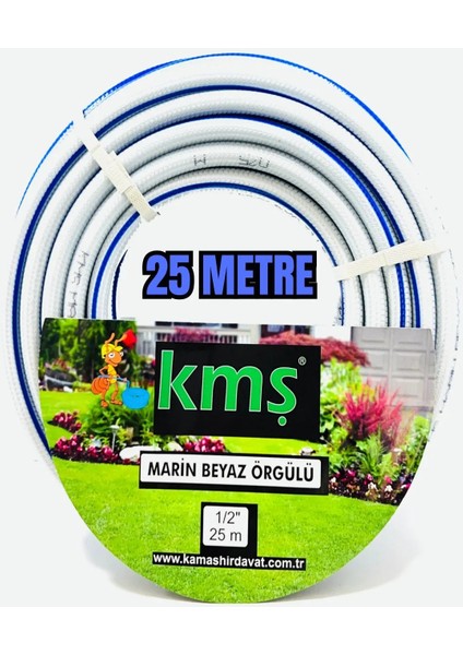 Kmş Marin Beyaz Örgülü Kaliteli Bahçe Hortumu 1/2 25 mt
