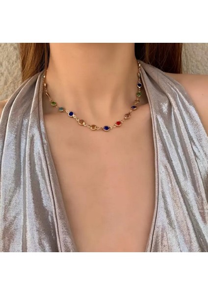 Gold Renkli Taşlı Zarif Kadın Kolye