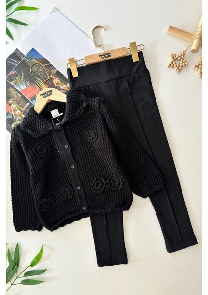 Örme Triko Çiçek Detaylı Taytlı takım - Siyah