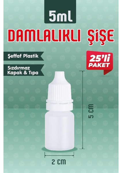 25 Adet 5 ml Kırılır Kapaklı Damlalıklı Boş Ldpe Polietilen, Aseton , Mürekkep , Kolonya , Dezenfektan , Likit Şişesi -T1144