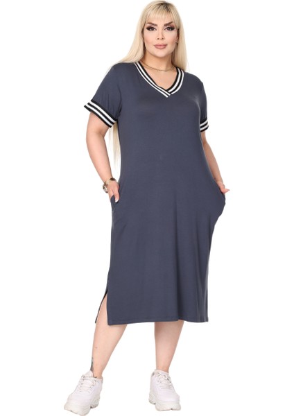 Butik Antrasit Yakası Şeritli V Yaka Midi Elbise