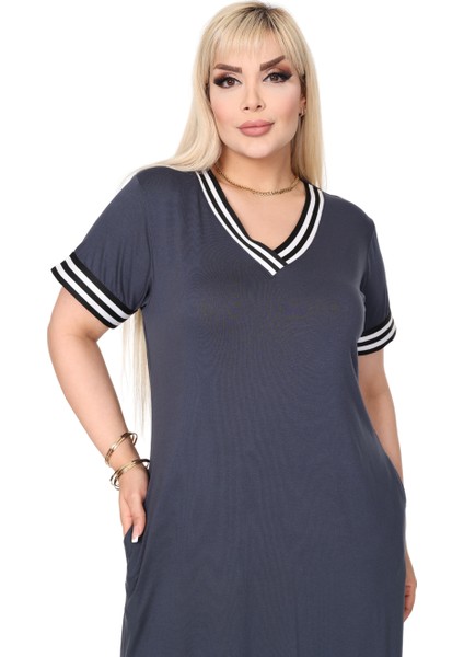 Butik Antrasit Yakası Şeritli V Yaka Midi Elbise