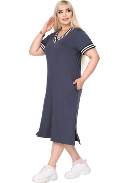 Butik Antrasit Yakası Şeritli V Yaka Midi Elbise