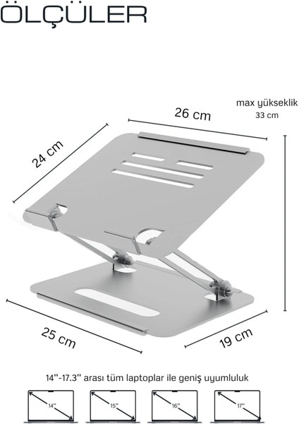 Basic 2 Tüm Modellerle Uyumlu Çelik Sınırsız Açıda Kolay Ayarlanır Laptop Standı Yükseltici