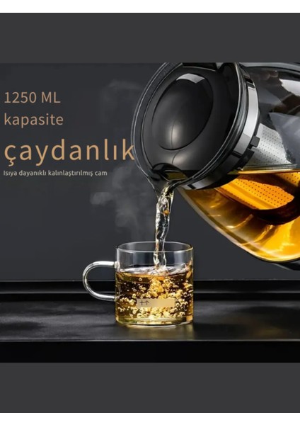1250 ml Çelik Süzgeçli Siyah Cam Demlik Isıya Dayanıklı Cam Çaydanlık Bitki Çayı Demliği