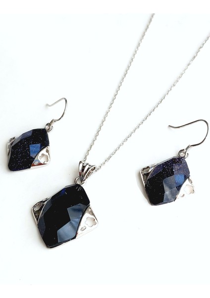 Gümüş Lapis Lazuli Taşlı Kare Tasarım Kolye Küpe Kadın Set Doğum Günü Hediye