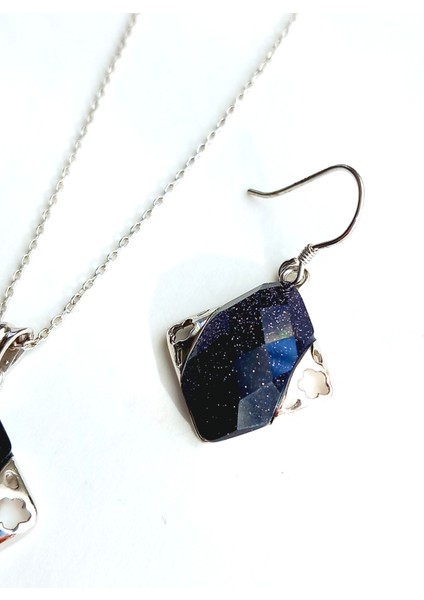 Gümüş Lapis Lazuli Taşlı Kare Tasarım Kolye Küpe Kadın Set Doğum Günü Hediye