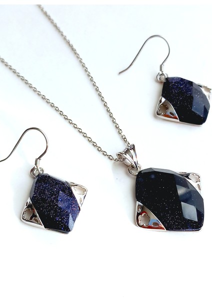 Gümüş Lapis Lazuli Taşlı Kare Tasarım Kolye Küpe Kadın Set Doğum Günü Hediye