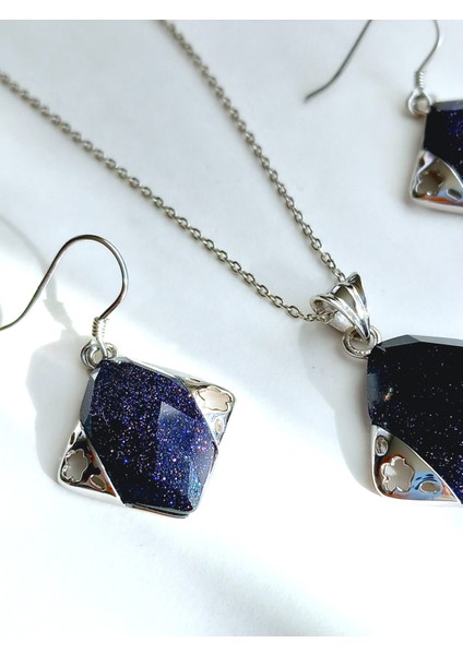 Gümüş Lapis Lazuli Taşlı Kare Tasarım Kolye Küpe Kadın Set Doğum Günü Hediye