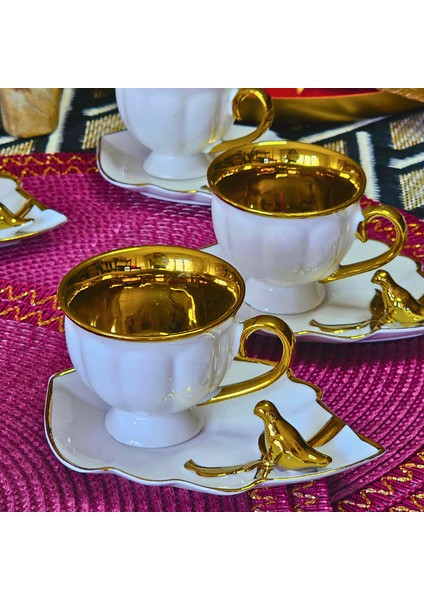 Kuşlu Beyaz Gold Porselen 6 Kişilik Fincan Takımı modelleri