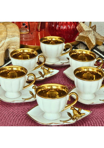 Kuşlu Beyaz Gold Porselen 6 Kişilik Fincan Takımı indirimleri