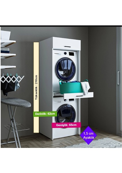Lavanta Mobilya Nil Mdf Beyaz Çamaşır Makinesi ve Kurutma Makinesi Dolabı