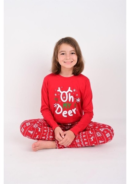 Kız / Erkek Çocuk Yılbaşı Geyik Desen Uzun Kollu Pamuklu Pijama Takımı modelleri