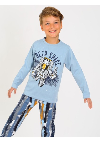 Erkek Çocuk Uzun Kollu Pamuklu Pijama Takımı Deep Space Mavi