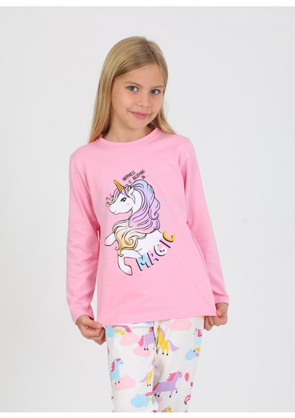 Kız Çocuk Uzun Kollu %100 Pamuklu Pijama Takımı Happines Koyu Pembe