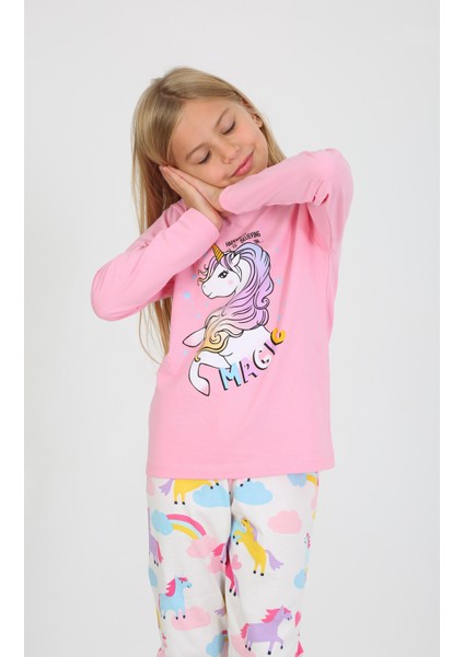 Kız Çocuk Uzun Kollu %100 Pamuklu Pijama Takımı Happines Koyu Pembe