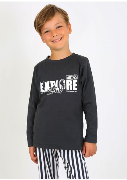 Erkek Çocuk Uzun Kollu Pamuklu Pijama Takımı Explore Antrasit
