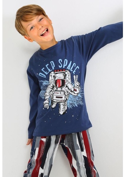 Erkek Çocuk Uzun Kollu %100 Pamuklu Pijama Takımı Deep Space Indigo