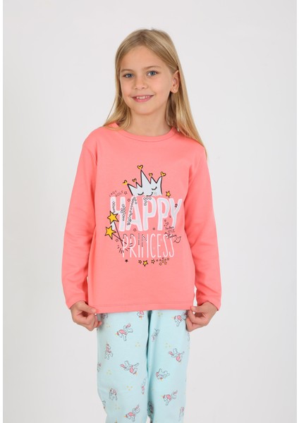 Kız Çocuk Uzun Kollu Pamuklu Pijama Takımı Happy Princess Nar