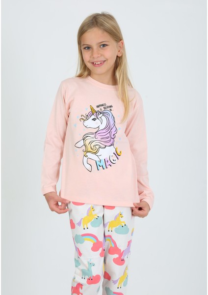 Kız Çocuk Uzun Kollu Pamuklu Pijama Takımı Happines Somon
