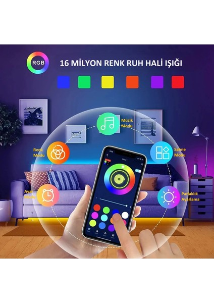 2m Rgb LED Şerit Işık Müzik ve Ses Senkronizasyonu Bluetooth Telefon Kontrolü Zamanlayıcı Enerji Tasarrufu modelleri