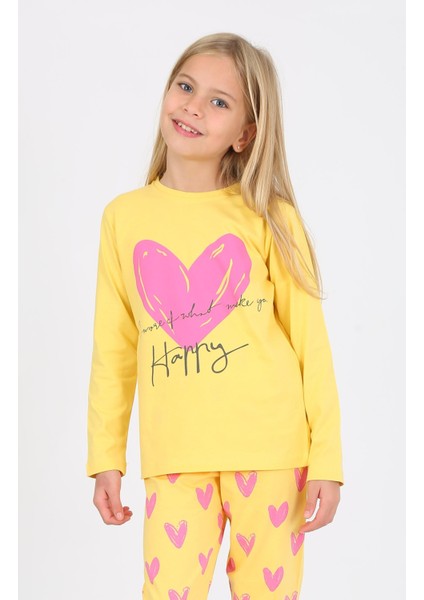 Kız Çocuk Uzun Kollu %100 Pamuklu Pijama Takımı Happy Heart Sarı