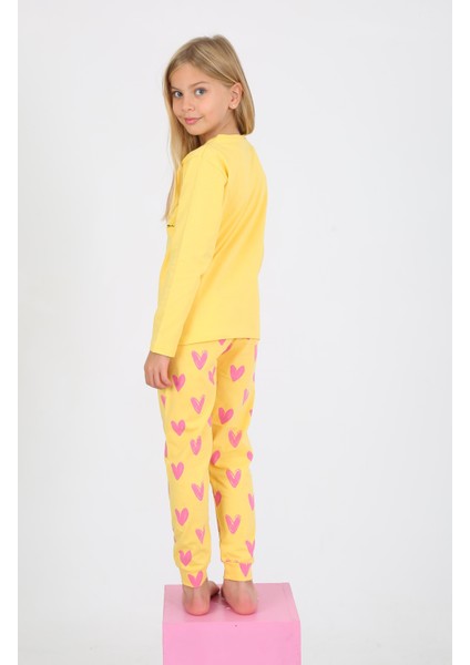 Kız Çocuk Uzun Kollu %100 Pamuklu Pijama Takımı Happy Heart Sarı modelleri