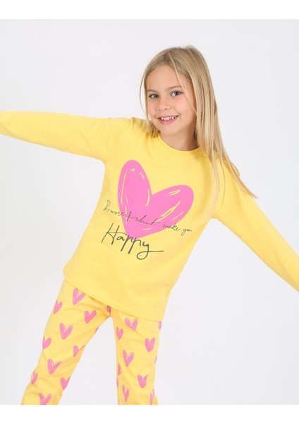 Kız Çocuk Uzun Kollu %100 Pamuklu Pijama Takımı Happy Heart Sarı
