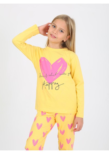 Kız Çocuk Uzun Kollu %100 Pamuklu Pijama Takımı Happy Heart Sarı