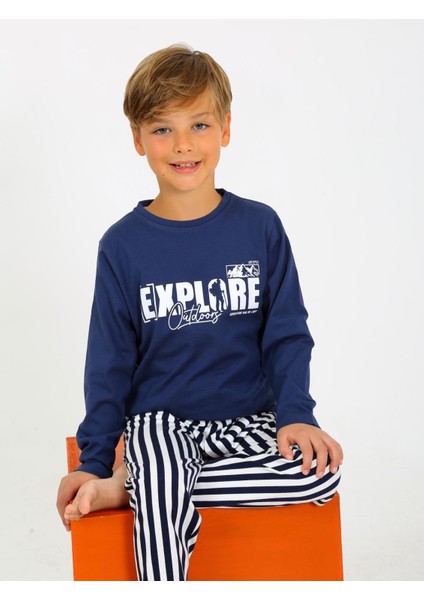 Erkek Çocuk Uzun Kollu %100 Pamuklu Pijama Takımı Explore Indigo