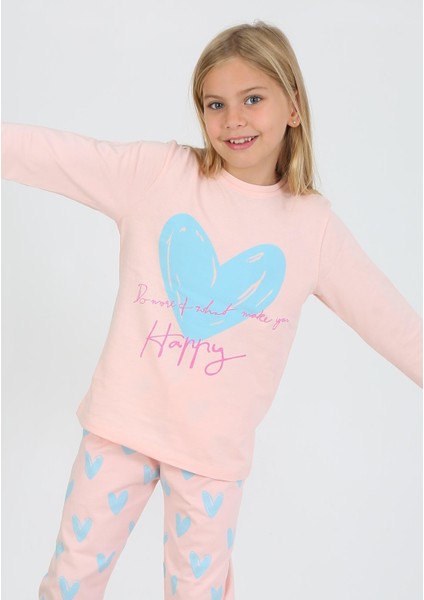 Kız Çocuk Uzun Kollu Pamuklu Pijama Takımı Happy Heart Somon