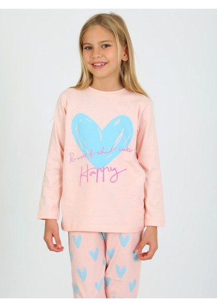 Kız Çocuk Uzun Kollu Pamuklu Pijama Takımı Happy Heart Somon modelleri
