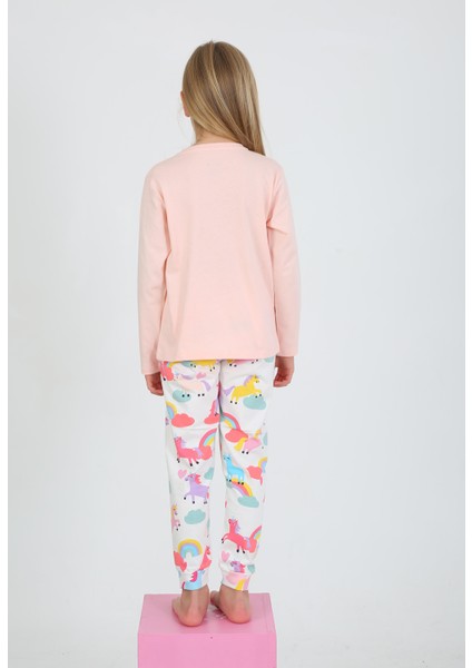 Kız Çocuk Uzun Kollu %100 Pamuklu Pijama Takımı Happines Somon