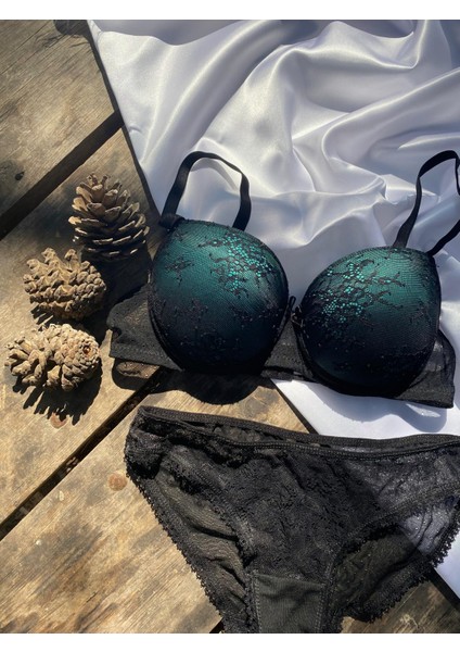 Siyah Yeşil Destekli Dantelli Sütyen Takımı modelleri