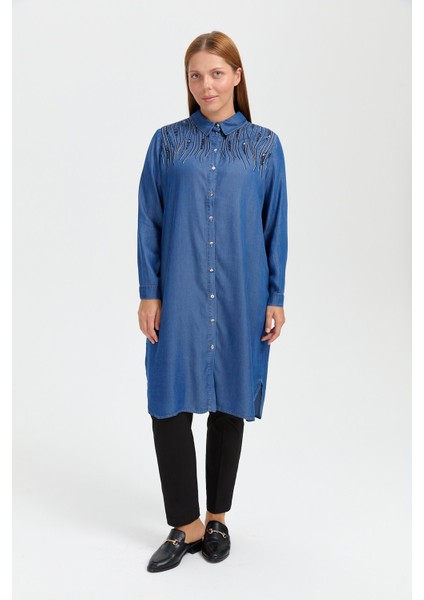 Büyük Beden Payetli Tencel Tunik Indigo