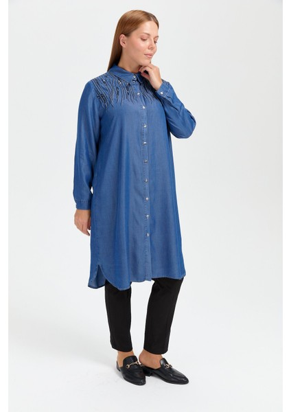 Büyük Beden Payetli Tencel Tunik Indigo modelleri