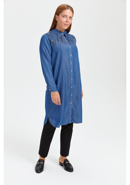 Büyük Beden Payetli Tencel Tunik Indigo fırsatları