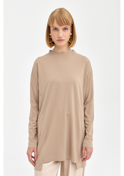 Bisiklet Yaka Örme Basic Tunik Bej