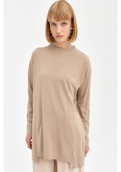 Bisiklet Yaka Örme Basic Tunik Bej