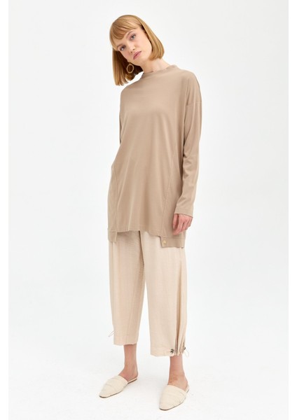 Bisiklet Yaka Örme Basic Tunik Bej