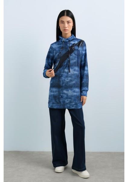 Deri ve Nakış Detaylı Spor Tunik Indigo