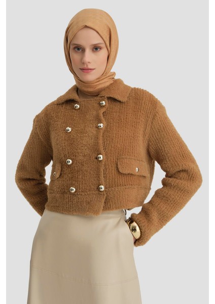 Tüylü Triko Ceket 24K5718 Camel