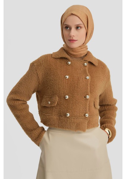 Tüylü Triko Ceket 24K5718 Camel