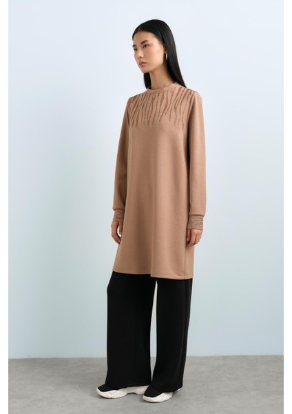 Sim Kumaşlı Zebra Desen Örme Tunik Camel fiyatları