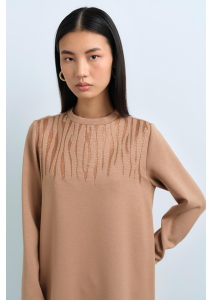 Sim Kumaşlı Zebra Desen Örme Tunik Camel modelleri