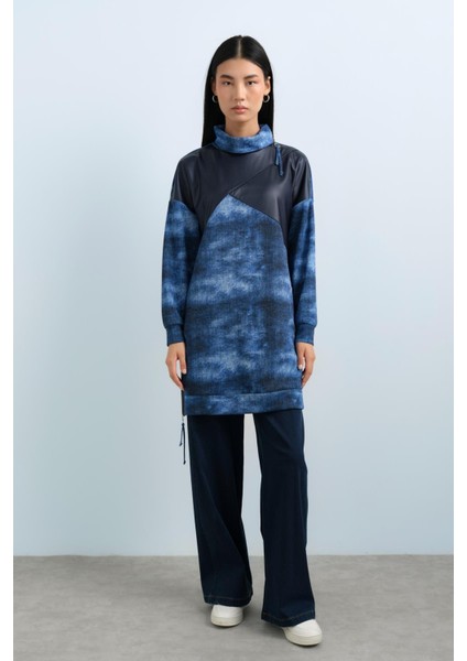 Deri ve Fermuar Detaylı Tunik Indigo