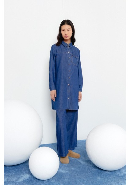 Nakış Detaylı Metal Aksesuarlı Denim Tunik Indigo