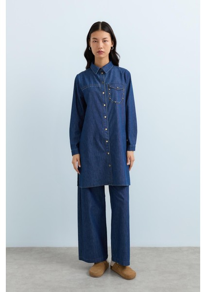 Nakış Detaylı Metal Aksesuarlı Denim Tunik Indigo fiyatları